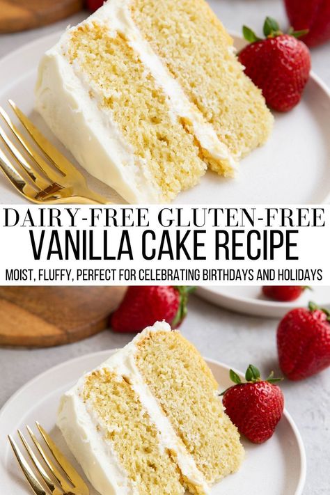 This moist and rich Gluten-Free Dairy-Free Vanilla Cake recipe is perfect for celebrating birthdays and special occasions! Whip it up with your favorite frosting and/or filling for an unforgettable celebration. #cake #glutenfree #vanilla Gluten Free Vanilla Cake Recipe, Dairy Free Vanilla Cake, Gluten Free Dairy Free Cake, Gluten Free Wedding Cake, Dairy Free Cake Recipe, Sugar Free Cake Recipes, Vegan Gluten Free Cake, Gluten Free Birthday Cake, Vegan Vanilla Cake