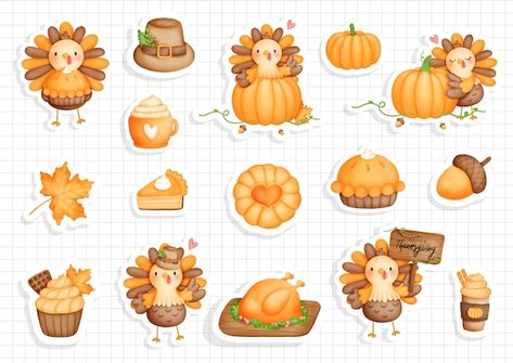 Candy Illustration, Thanksgiving Stickers, Thanksgiving Candy, Cute Turkey, Sticker Chart, Winter Watercolor, Happy Thanksgiving Day, Autumn Stickers, Planner Scrapbook