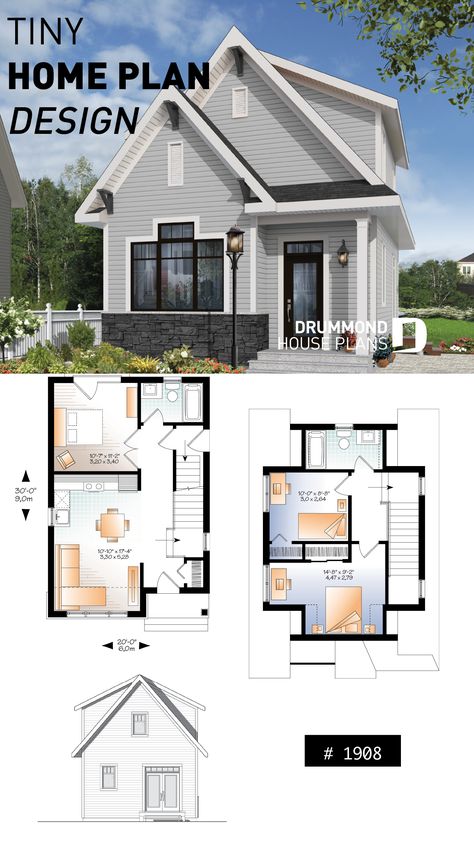 Country House Floor Plan, Starter Home Plans, Gable Roof House, Bedroom Ceilings, Small Cottage House Plans, Small Cottage Homes, Cottage Style House Plans, Casa Country, Casas The Sims 4