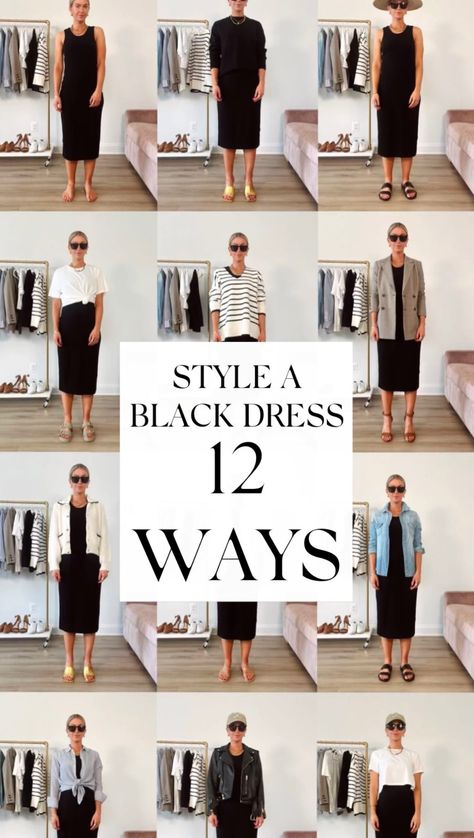 Long Casual Black Dress, Long Black Fitted Dress Outfit, How To Style A Long Black Dress Casual, Dressing Down A Black Dress, Black Dress With White Shirt On Top, Black Midi Dress Casual Outfit, Outfit Ideas With Black Dress, Black Midi Dress Street Style, Black Dress Styling Casual