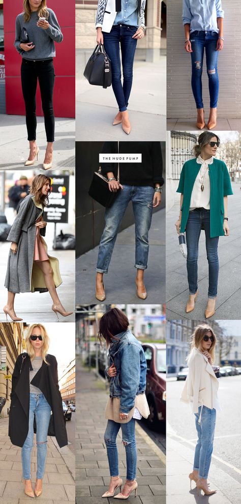 The Nude Pump | outfit inspiration - seriously need to find a good pair of nude pumps. Bone Color Shoes Outfit, Jeans With Pumps Outfit, Beige Pumps Outfit Work, Cream Pumps Outfit, Tan Pumps Outfit, Nude Shoes Outfit Work, Nude Heels Outfit Work, Outfits Con Zapatos Nude, Pump Heels Outfit