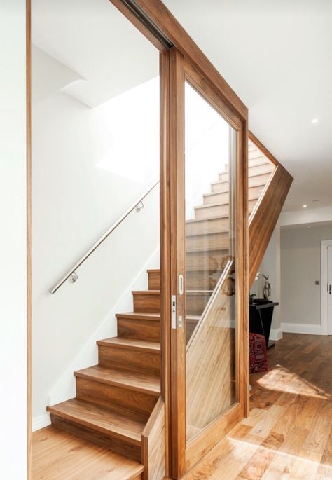 Sliding Doors Door For Stairs Stairways, Wooden Glass Sliding Door Design, Open Wooden Staircase, Sliding Door Stairs, Staircase Door Ideas, Staircase With Door, Glass Door With Wooden Frame, Town House Renovation, Stairway Door