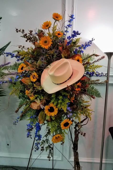 Cowgirl Flower Arrangement, Cowboy Flower Arrangement, Cemetery Flowers For Men, Western Casket Spray, Rustic Casket Sprays For Men, Manly Floral Arrangements, Cowboy Boot Flower Arrangement, Floral Spray Arrangement, Memorial Flowers Arrangements