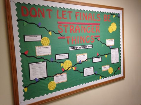 RA Bulletin Board- "Don't let finals be Stranger Things" Eleven Tips to Survive Final Exams Stranger Things Ra Bulletin Board, Stranger Things Bulletin Board, School Counselor Bulletin Boards, Ra Programs, Counselor Bulletin Boards, Ra Inspiration, Resident Assistant Bulletin Boards, Stranger Things Theme, Ra Themes