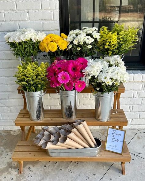 Flower Bar Sign, Bday Brunch, 3 Tier Stand, Make A Bouquet, 25th Bday, Shower Flowers, Garden Party Bridal Shower, Bridal Shower Inspo, Galvanized Buckets