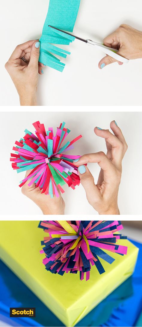 Easy DIY tissue paper pom! @Scotch Gift Wrap Tissue Paper Packaging Ideas, Gift Wrapping Ideas With Tissue Paper, How To Make A Bow Out Of Tissue Paper, Pom Pom Wrapping Ideas, Tissue Paper Bows Diy Gift Wrapping, Diy Wrapping Paper Bows, Diy Paper Pom Poms, Tissue Paper Wrapping Ideas Packaging, How To Decorate A Gift Bag Tissue Paper