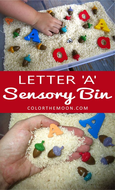 Letter ‘A’ Sensory Bin. This simple-to-make sensory activity is a great way to teach kids the letters of the alphabet! Letter Of The Week Sensory Bins, Sensory Eyfs, Sensory Bins For Kindergarten, Letter Activities For Preschool, Sensory Tables, Eyfs Ideas, Toddler Sensory Bins, Alphabet Activities Kindergarten, How To Make Letters