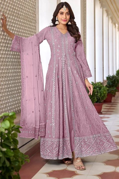 Embroidered Georgette Anarkali Suit In Pink Green Green And Pink Anarkali Dress, Heavy Salwar Suit, Organza Styles, Anarkali Designs, Georgette Anarkali Suits, Georgette Anarkali, Embroidered Anarkali, Suit Collection, Readymade Saree