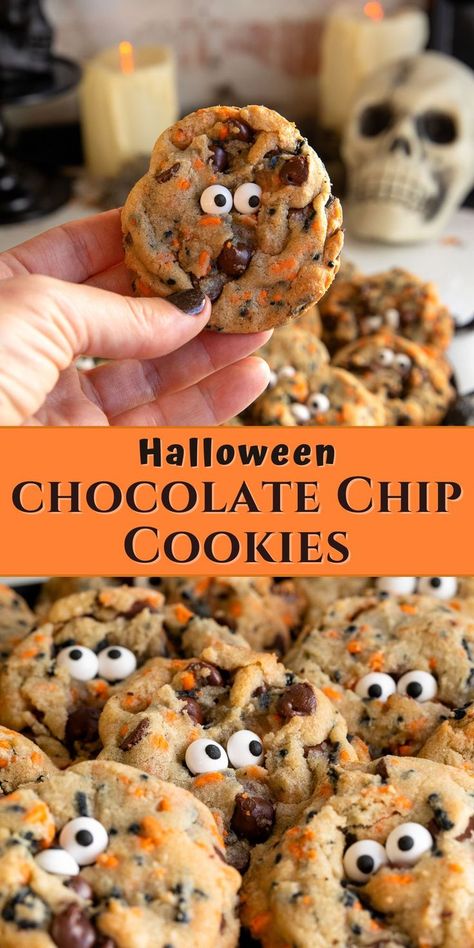 holding a halloween chocolate chip cookies and cookies on a platter. Diy Pumpkin Patch, Free Crochet Pattern Christmas, Halloween Chocolate Chip Cookies, Postres Halloween, Halloween Cookie Recipes, Candy Eyes, Dulces Halloween, Fun Halloween Food, Halloween Memes