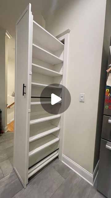 Kat | Carpentry | Design | Decor on Instagram: "What do you do with a narrow awkward pantry afterthought space? Hire me!  Client was looking to just do a pull out pantry but was I was liiiiike WAIT - what if we make it pull out all the way so you can store non perishables or paper products etc!?!? They said, bokay let’s do it.  So here it is - fully adjustable, double pull pantry.  Shoutout to @kimreckless and @casey for the help with this! #pantrydesign #newjersey #pinterestinspired #custommade #creativesolutions" Narrow Pantry, Slide Out Pantry, Laundry Pantry, Pull Out Pantry, Non Perishable, Pull Out Drawers, Pantry Design, Paper Products, They Said