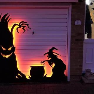 Halloween Garage Door Silhouette : 6 Steps (with Pictures) - Instructables Garage Door Halloween Decor, Halloween Garage Door, Halloween Garage, Imprimibles Halloween, Wood Halloween, Silhouette Halloween, Halloween Wood Crafts, Spooky Art, Dremel Tool