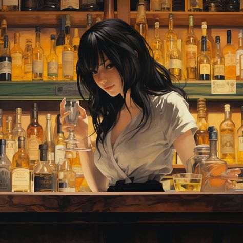 Bartender Cleaning Glass Reference, Bar Reference Drawing, Bartender Pose Reference, Bartender Character Design, Bartender Illustration, Bartender Anime, Drinks Illustration, Female Bartender, Drinks Aesthetic