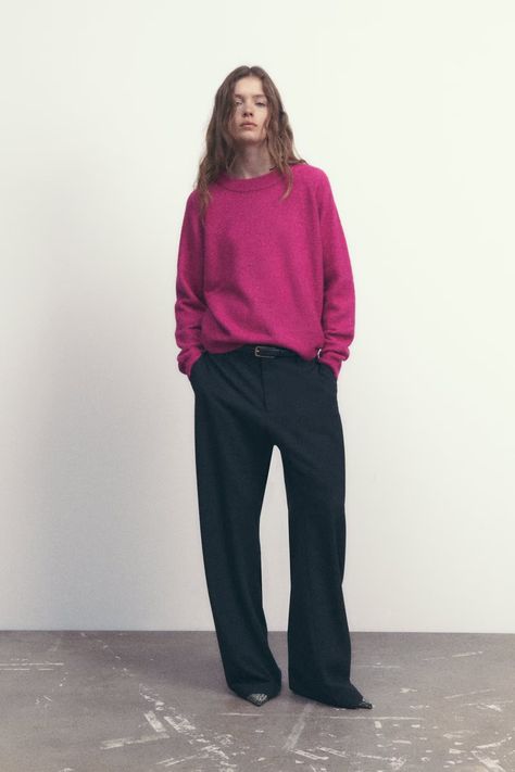 Magenta Sweater, Magenta Top, Winter Sweater Outfits, Satin Wrap Dress, Cashmere Pants, Viva Magenta, Monochrome Outfit, Knit Outfit, Color Of The Year