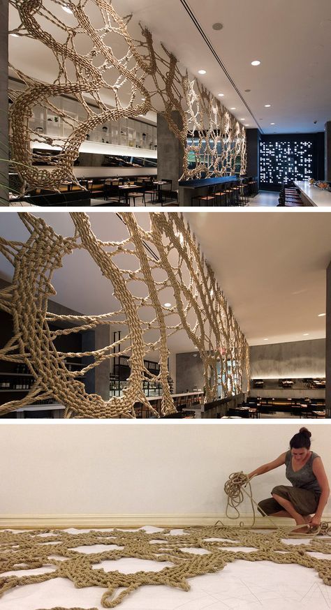 MANTZALIN have designed a rope screen for Stix, a new Mediterranean restaurant in Chelsea, New York. Rope Design Interior, Rope Screen, New Mediterranean, Chelsea New York, Mediterranean Restaurant, Café Design, Bibliotheque Design, Pinterest Design, Regal Design