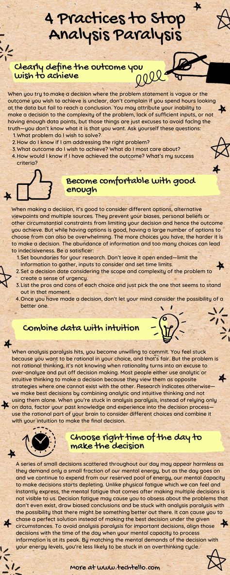 You can never make perfect decisions, but you can certainly stop analysis paralysis and make more confident decisions by using these 4 practices. #analysisparalysis #decisionparalysis #decisionmaking #decisions #leadershipskills #choices #barryschwartz #intuition #rationalthinking #intuitivethinking #entrepreneurship #decisionfatigue #goodecisions #avoidancestrategy #procrastination Choice Paralysis, Perfection Paralysis, Decision Paralysis, Analysis Paralysis, How To Be More Decisive, Task Paralysis, Improve Brain Power, Decision Fatigue, Decision Making Process