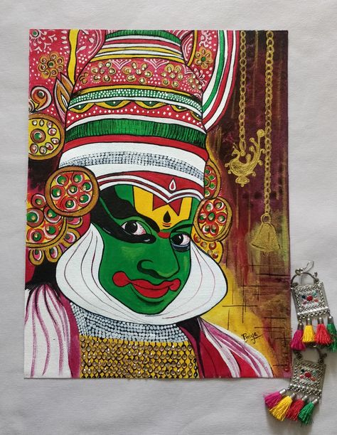 Kala Utsav Painting, Kathakali Canvas Painting, Kathakali Painting On Canvas, Kathakali Painting Acrylic, Kathakali Face Painting, Kerala Tattoo, Kathakali Painting, Kathakali Face, Mandala Book