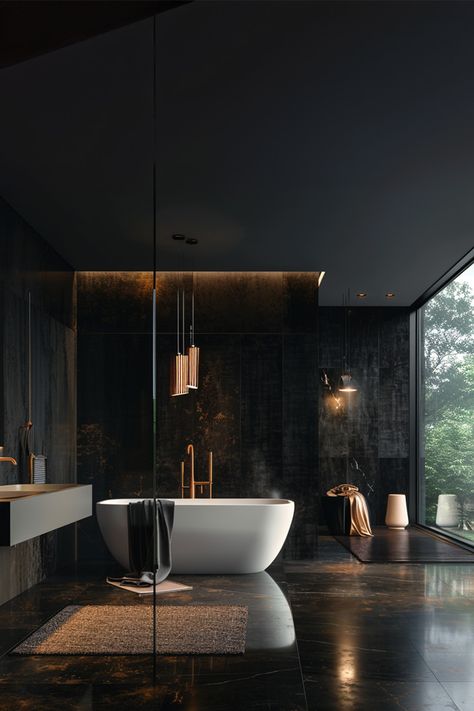 Mystic Elegance • Dramatic shadows mingle with the soft glow of pendant lights in this luxe bathroom • A minimalist white tub stands boldly against the dark marble backdrop • Copper accents from sleek fixtures to pendant lighting add a warm, metallic contrast • The glass wall reveals a serene forest view, blurring the lines between indoors and out • A textured rug on glossy tiles promises a tactile indulgence • A sanctuary of style, where modern design meets nature's tranquility. Black And Copper Bathroom, Modern Bathroom Black, Black Color Scheme, Glossy Tiles, Marble Backdrop, Moody Bathroom, Luxe Bathroom, Serene Forest, Dark Marble