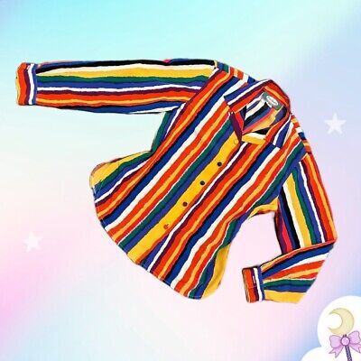 This 1990’s / Y2K era long sleeve button up blouse features kidcore style scribbled stripes, a fold down collar, fabric covered buttons, and a gusset in the back. Rounded shirt tail hem. Rainbow Stripe Vibrant Academia Blouse. Rainbow Button Up Shirt, Vibrant Academia Outfits, Academia Blouse, Vibrant Academia, Kidcore Accessories, Kidcore Shirt, Kidcore Style, Vintage Kidcore, Kidcore Clothes