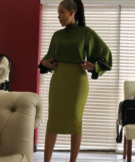 Business Attire Black Women, Bandage Skirt Outfit, Church Outfit Black Women, Brown Mustard, Bandage Skirt, Stylish Work Attire, Classy Work Outfits, Church Outfits, Colors Green