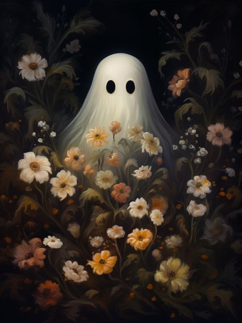 Cute Ghost Art. Cottagecore Oil Painting. Witchy Wallpaper, Gems Art, Halloween Painting, Art Halloween, Arte Fantasy, A Ghost, Vintage Canvas, Arte Horror, Art Poses