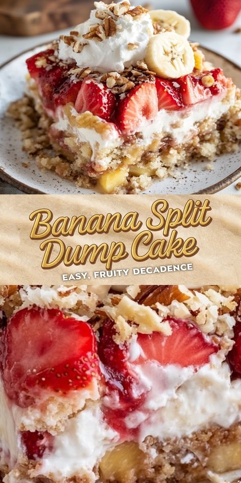 Banana Split Dump Cake Recipe - Emma's Cake Studio Recipe For Banana Split Cake, Simple Birthday Desserts, Banana Split Poke Cake, Spring Form Pan Deserts, Healthy Baked Dessert Recipes, Fruity Cakes Birthday, Easy Dump Cake Recipes 3 Ingredients Crushed Pineapple, Yellow Cake With Strawberries, Banana Split Dump Cake