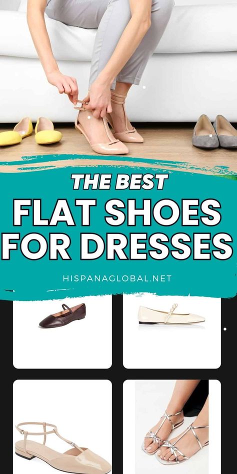 What Flat Shoes To Wear With Dresses And Still Look Chic - Hispana Global Dressy Flats Shoes Winter, Long Sleeve Dress Flats, Flats For Long Dresses, Dresses With Flat Shoes Outfit, Flat Shoes Dress, Flat Shoes Formal Dress, Cocktail Dress With Flat Shoes, Flats With Dress Formal, Shoes For Long Dresses Formal