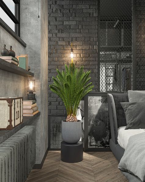 Bedroom Ideas Industrial, Modern Loft Bedroom, Men’s Bedroom Ideas, Industrial Bedroom Design, Loft Inspiration, Ideas Habitaciones, Industrial Bedroom, Industrial Interior Design, Brick Walls