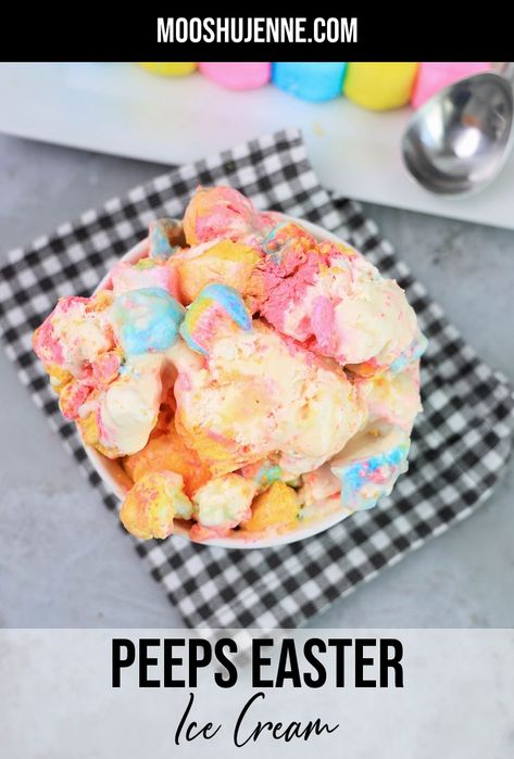 Peeps Easter ice cream in a white bowl on a gray plaid napkin on a concrete backdrop Easter Ice Cream, Easter Bread Recipe, Easter Marshmallow, Ice Cream Recipes Machine, Churn Ice Cream, Leftover Candy, Peeps Easter, Marshmallow Peeps, Marshmallow Treats