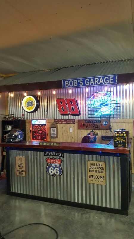 Garage Makeover Living Spaces Man Caves, Man Cave In Garage Ideas, Garage Theme Cafe, Garage Makeover Bar, Garage Cafe Design Ideas, Motorcycle Bar Ideas, Truck Bar Ideas, Garage Bar Decor, Small Garage Bar