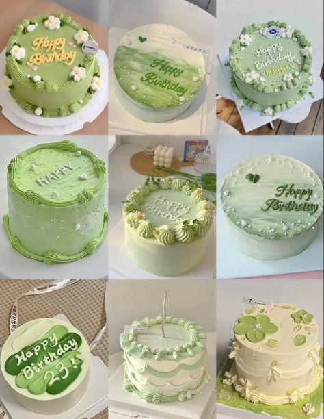 Matcha Buttercream Cake, Matcha Cake Design, Korean Cake Green, Green Bento Cake, Green Birthday Cake Ideas, Green Cake Aesthetic, Pastel Green Cake, Green Bday Cake, Matcha Birthday Cake