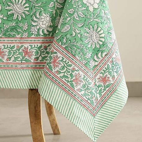 Indian Block Print Tablecloth, Green Floral Cotton Table Cover, Easter Wedding Table Cloth, Boho Holiday Farmhouse Tablecloths, Gift Linen Prints, Farmhouse Thanksgiving, Farmhouse Tablecloths, Cushion Ideas, Easter Wedding, Country Dining, Summer Table, Kids Print, Indian Prints