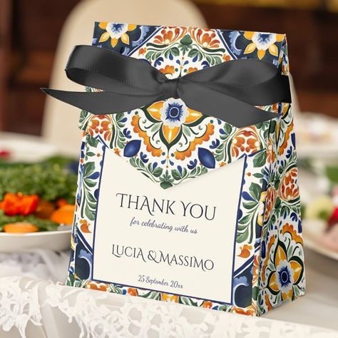 Azulejo blue Talavera vintage Mexican wedding Favor Boxes Vintage Wedding Souvenirs, Wedding Favors For Guests Mexican, Mexican Recuerdos, Portuguese Wedding Favors, Mexican Wedding Party Favors, White Talavera Wedding, Blue Mexican Wedding, Fall Mexican Wedding, Mexican Boho Wedding