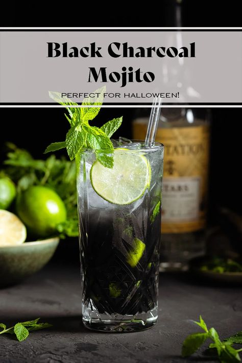 Halloween Mojito Recipe, Black Mocktails, Halloween Mojito, Black Mojito, What Is Activated Charcoal, Apple Cider Cocktail, Cider Cocktails, Raspberry Liqueur, Mojito Recipe