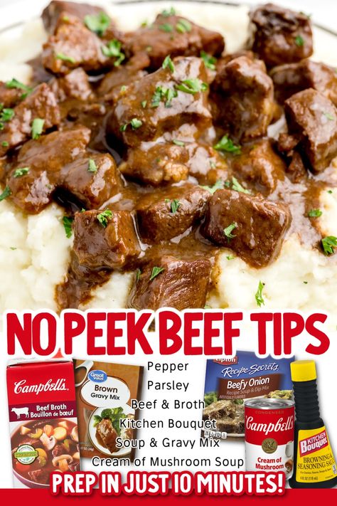 If you love a good steak, then you’ll love these no peek beef tips. Tender and juicy, the little morsels are cooked in a delicious gravy that is packed with flavor and perfect for a quick and comforting meal. Beef Tips With Ranch Packet, Smothered Steak Tips, Beef Tips And Broccoli Crock Pots, No Peak Steak Tips Oven, No Peak Steak Tips Crock Pot, Instapot Beef Tips With Gravy, Beef Tips And Gravy No Peak, No Peel Beef Tips, No Peek Beef Tips And Gravy