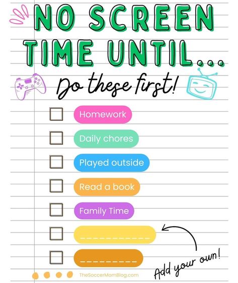 Printable checklist of things kids need to do before they have screen time Screen Time Tickets Free Printable, Before Screen Time Checklist, No Screen Time Until, Screentime Checklist, Screen Time Tickets, Screen Time Checklist, No Screen Time, Screen Time Chart, Phone Contract