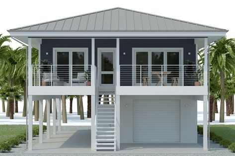 Coastal house plan House On Pilings, Elevated Coastal House Plans, Elevated Beach House Plans, Beach House Plans On Stilts, Small Beach House Plans, House Plans On Stilts, Homes On Stilts, Stilt House Plans, Elevated House Plans