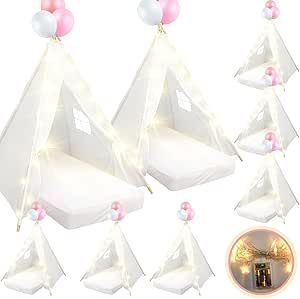 8 Pack Kids Teepee Tent Bulk with Light Air Mattress and Fitted Sheet, Natural Cotton Toddler Teepee Play Indoor Tent Washable Tent for Girls Boys Slumber Sleepover Birthday Party(White) Pink Tents For Party Sleepover, Pink Tent For Kids, Pink Tent Kids, Cheap Spring Sets For Playdate, Blow Up Mattress Party, Kids Tent With Fairy Lights, Build A Teepee For Kids, Kid Sleepover Gifts, Tee Pee Bed Boy