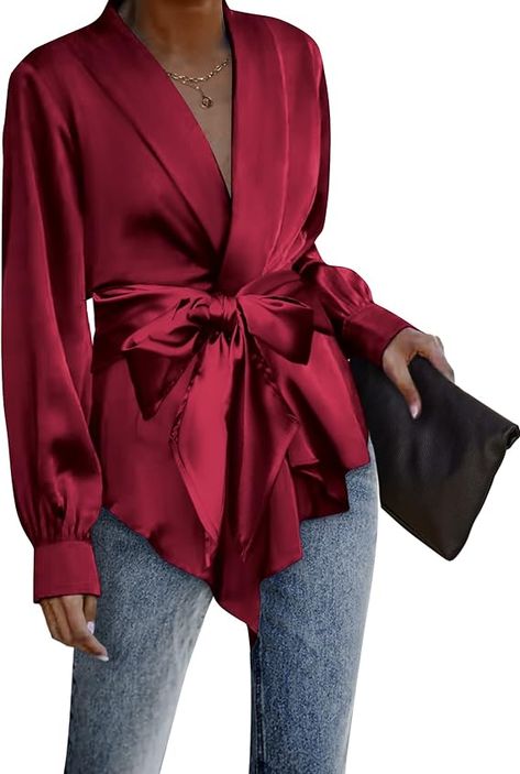 Silk Blouse Outfit, Silk Shirt Outfit, Satin Wrap Top, Classy Blouses, Draped Cardigan, Satin Shirt Dress, Classy Lady, Silk Cardigan, Silk Dress Long