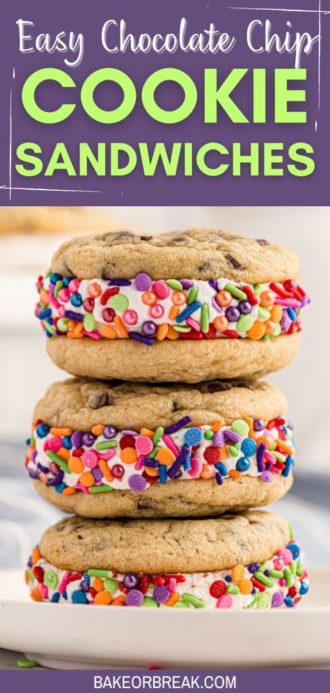 These Easy Chocolate Chip Cookie Sandwiches offer a nostalgic yet innovative take on the classic, featuring a generous layer of frosting. They're guaranteed crowd-pleasers, suitable for parties, gifts, or any baking adventure. You'll find them ideal for multiple occasions! Cookie Cake Sandwich, Chocolate Chip Cookies Sandwich Filling, Chocolate Chip Cookies Sandwich, Easy Cookies For A Crowd, Chocolate Chip Cookie Sandwich, Chocolate Chip Sandwich Cookies, Easy Chocolate Chip Cookie, Sandwich Cookies Filling, Cookie Sandwich Recipes