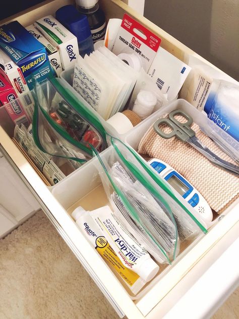 home first aid kit drawer organization Bathroom First Aid Organization, Medication Drawer Organization, First Aid Drawer, First Aid Drawer Organization, At Home First Aid Kit, First Aid Organization Ideas, First Aid Storage Ideas, First Aid Organization Storage, First Aid Kit Aesthetic