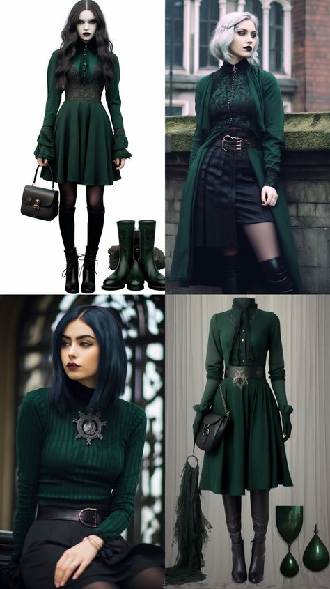 Edgy Slytherin Outfit, Grungy Outfit Ideas, Dragon Core Outfits, Dark Fantasy Aesthetic Outfits, Witch Style Outfits Modern, Whimsical Gothic Outfits, Slytherin Costume Women, Black And Green Outfit Aesthetic, Wizard Outfit Female