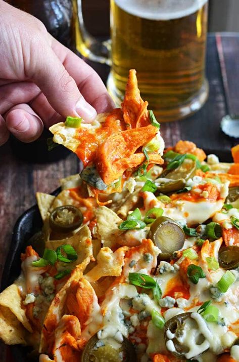 Loaded Buffalo Chicken Nachos - Host The Toast Buffalo Chicken Nachos Recipe, Best Nacho Recipe, Blue Cheese Crumbles, Buffalo Chicken Nachos, Chicken Nachos Recipe, Shredded Buffalo Chicken, Pickled Jalapenos, Buffalo Chicken Dip Easy, Nachos Recipe Easy