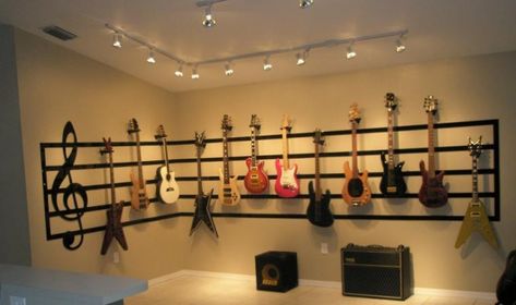 Cody's room Music Studio Design, Music Room Design, Guitar Display, Home Music Rooms, Guitar Room, Music Room Decor, Music Studio Room, Deco Studio, Guitar Wall