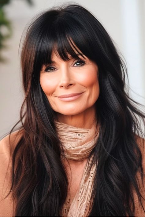 Long Shag With Bangs Straight Hair, Long Shag Hairstyles For Older Women Over 50, Dark Hair On Older Women Over 50, Late 40s Hairstyles, Long Straight Hair With Layers And Bangs, Dark Hair Shag, Before And After Bangs Long Hair, Bangs Over 50 Long Hair, Hair Cuts For Long Hair With Bangs