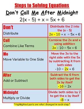 This is a poster using the phrase, "Don't Call Me After Midnight" to help students remember the steps to solving equations. Solving Equations With Fractions, Math Tips, Studie Hacks, Teaching Math Strategies, Learning Mathematics, Math Tutorials, Maths Algebra, Math Notes, Basic Math Skills