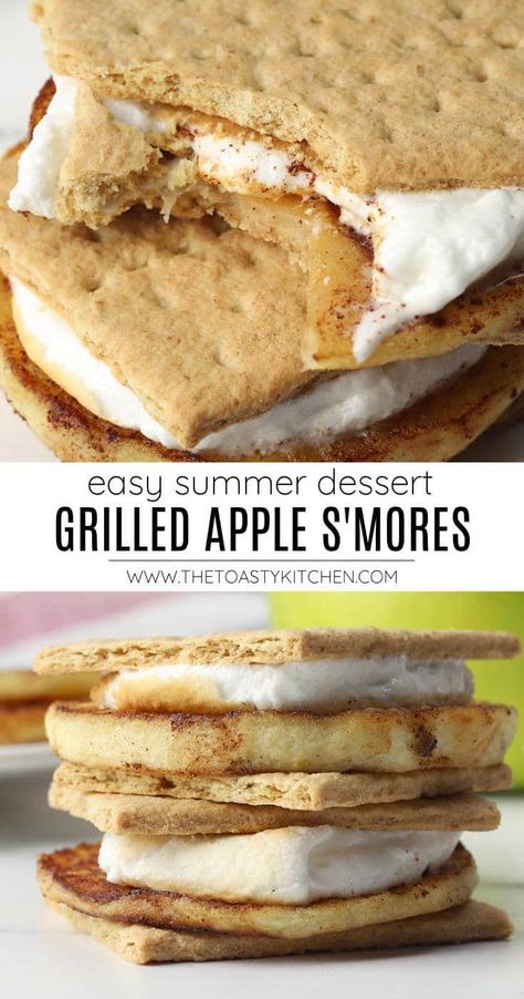 Grilled apple s'mores recipe by The Toasty Kitchen. Grilled apple s'mores make the perfect grilled treat for summer and fall. Sliced cinnamon apples are grilled until soft and sandwiched between graham crackers with a toasted, gooey marshmallow. #grilledapplesmores #smores #applesmores #smoresrecipe #grilledapples #dessert #grilling #recipe Apple Smores, Fruit Smores, Summer Vegetable Recipes, Summer Fruit Recipes, Grilled Recipes, Favorite Holiday Desserts, Solo Stove, Smore Recipes, Grilled Desserts