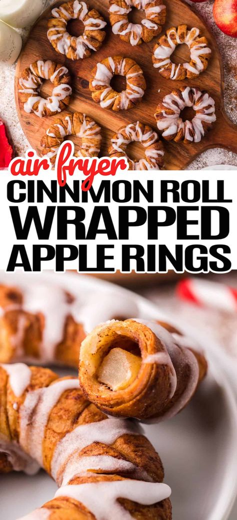 Meet your new favorite way to easily make a scrumptious snackable apple pie with 2-ingredient Air Fryer Cinnamon Roll Wrapped Apple Rings! Cinnamon Snacks, Cinnamon Dessert Recipes, Baked Apple Slices, Cinnamon Desserts, Cinnamon Roll Icing, Apple Rings, Apple Slaw, Bakers Gonna Bake, Cooked Apples