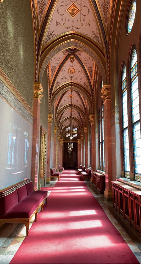 This hallway in the parlement in budapest just gives me castle vibes and ballroom aesthetic, castle aesthetic, architecture, classic french design, marketing, socials, instagram filler photos, gold interior, interior design Castle Interior Hallway, French Palace Aesthetic, Greek Castle Interior, Vintage Castle Interior, Castle Interior Aesthetic, Royal Palace Aesthetic, French Castle Interior, Castle Corridor, Castle Hallway