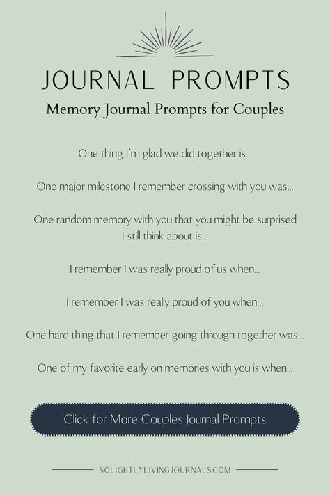 green background, black text, graphic of rising sun top image, navy blue rectangle with rounded corners bottom image with white text inside that says "click for more couples journal prompts" Journal Prompts For Couples, Prompts For Couples, Couple Journal, Relationship Journal, Mindfulness Journal Prompts, Couples Journal, Spiritual Journals, Unique Journals, Memory Journal