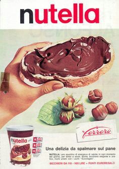 Yumn- I LOVE NUTELLA!!! Nuts, chocolate, bread= so why should we not love it? Iklan Vintage, Stare Reklamy, Vintage Food Posters, Cakes Pastries, ポップアート ポスター, Italian Posters, Chocolate Spread, Old Advertisements, Retro Advertising